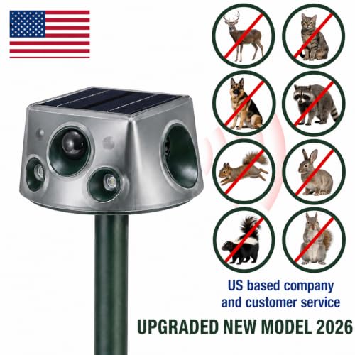 2026 Upgraded Solar Animal Repeller Outdoor, 240° Dual-Sided Ultrasonic Cat Deterrent, Motion Activated Deer Raccoon Squirrel Dog Rabbit Skunk Repellent, IP66 Waterproof, USB-C + Solar