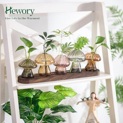 Hewory Plant Propagation Stations: 5PCS Amber Mushroom Vase with Wood Tray - color: Amber, size: 5