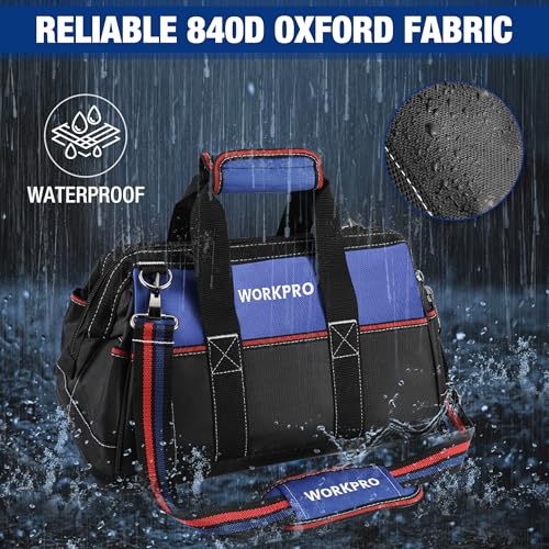 WORKPRO 16-inch Wide Mouth Tool Bag with Water-Proof Molded Base - color: Blue & Red