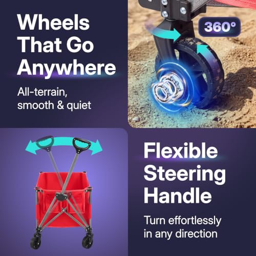 39" L Collapsible Wagon with All-Terrain Wheels, 460 lbs Foldable Cart with Detachable Flashlight, Pockets & Flexible Steering Handle, Red Utility Heavy Duty Folding Beach Wagons Carts - color: Red