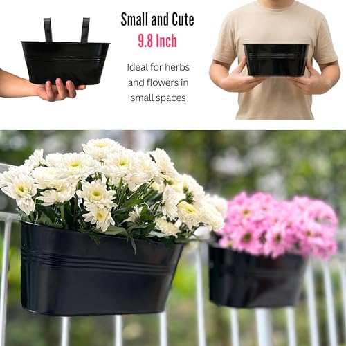 LaLaGreen Outdoor Rail Planter (9.8 in, 4 Pack) Black Metal Balcony Pots - size: 9.8" (25 cm) x 4 Pack