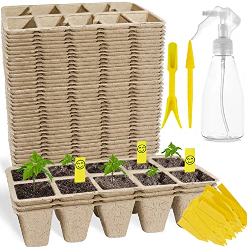 400Cells Seedling Start Trays with Drain Holes,40pcs Peat Pots Seedling Pots Biodegradable,Seedling Starter Kit,Organic Germination Plant Starter Trays(400xLabels,2xTransplant Tools,1xSpray Bottle) - size: 400cells-40pcs