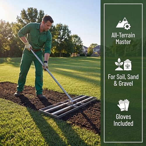 Lawn Leveling Rake - 35 x 10 Large Rake for Soil, Heavy Duty Yard Leveling Rake, 6.5FT Long Handle, 2mm Thickened Stainless Steel Lawn Leveler, Wide Ground Leveling Tool for Dirt and Sand, with Gloves - size: 35 inch