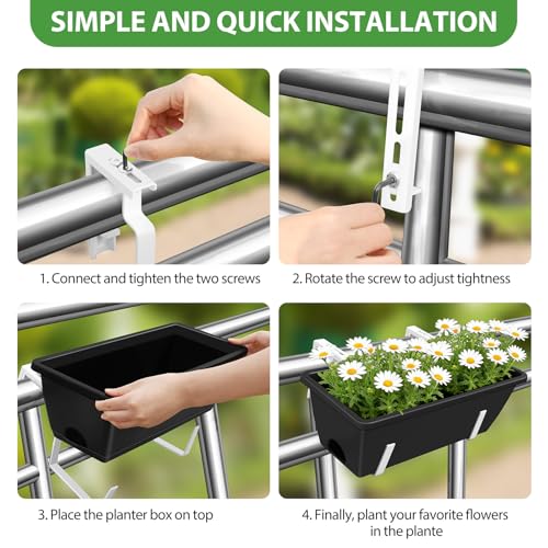 Railing Planter Box 4 Pack Hanging Balcony Planters with Adjustable Bracket - color: Black & White