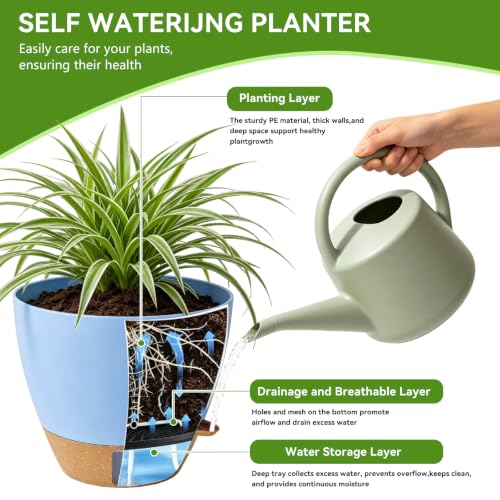 Ecolley 8/10/12 Inch Self Watering Pots for Indoor/Outdoor Plants - Large Plastic Planter with Drainage Holes, Water Level Indicator & Deep Reservoir, Modern Decorative Flower Pots (Light Blue) - color: Light Blue