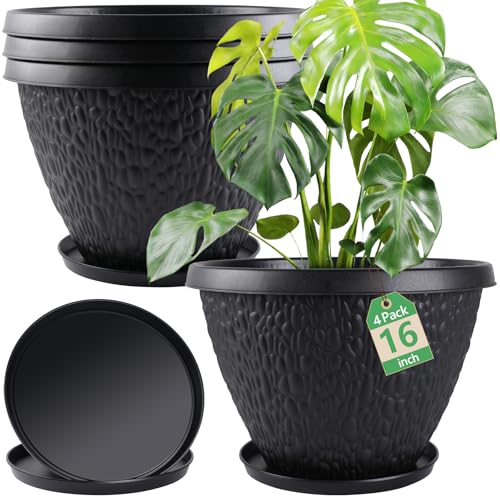 Nooulap 16 inch Plant Pots, Large Outdoor Planters, 4 Pack, Black - color: Black Pebbles, size: 16 inch