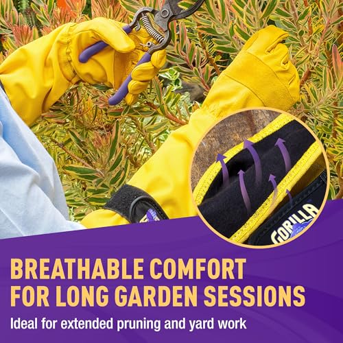 GORILLA EASY CONNECT Gardening Gloves Lightweight Tough Heavy Duty Long Sleeve Leather Pruning Gloves with Adjustable Strap - size: Large