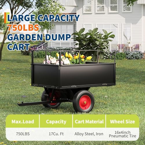 750 LBS Capacity ATV Trailer Tow Behind Steel Dump Cart | 17 Cubic Feet Heavy Duty Steel Utility Trailer with Removable Sides & All-Terrain Tires | for Lawn Tractor, ATV, Garden Mower