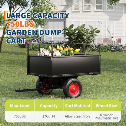 750 LBS Capacity ATV Trailer Tow Behind Steel Dump Cart | 17 Cubic Feet Heavy Duty Steel Utility Trailer with Removable Sides & All-Terrain Tires | for Lawn Tractor, ATV, Garden Mower