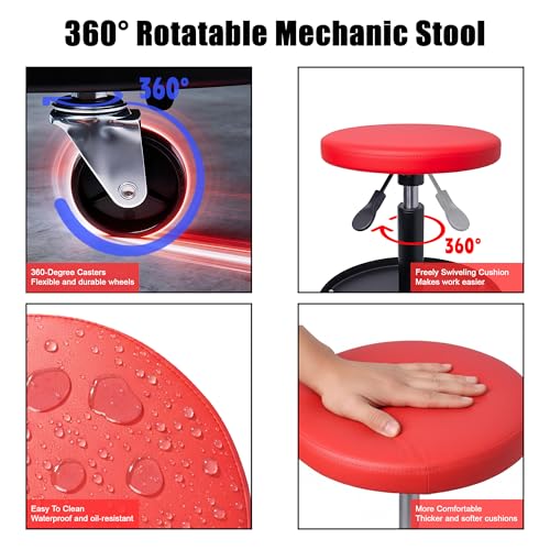 Rolling Mechanic Stool with Wheels Pneumatic Garage Shop Seat,Red - color: Red
