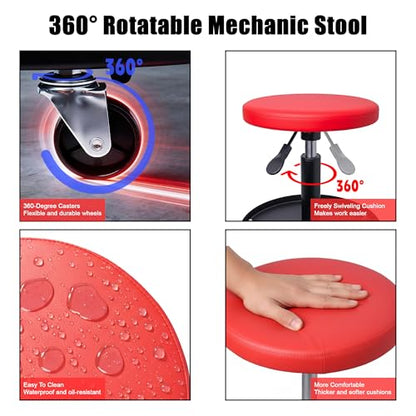 Rolling Mechanic Stool with Wheels Pneumatic Garage Shop Seat,Red - color: Red