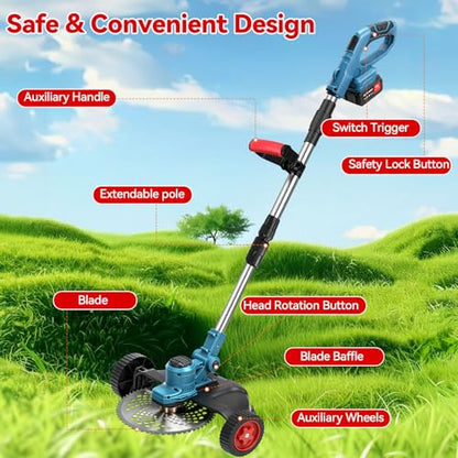 20000 RPM Electric Weed Wacker with Wheel,12″ Brushless Cordless Weed Eater Battery Powered, String Trimmer/Brush Cutter/Grass Trimmer/Lawn Mower, Edger Weed Trimmer for Garden Yard Tool