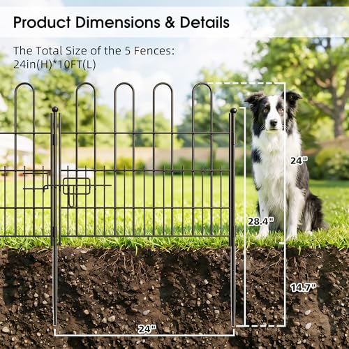Bepatio Garden Fence with Gate, 5 Panels 24in x 10ft Metal Animal Barrier - size: 5 Panels 24in(H)x10ft(L)-With Gate