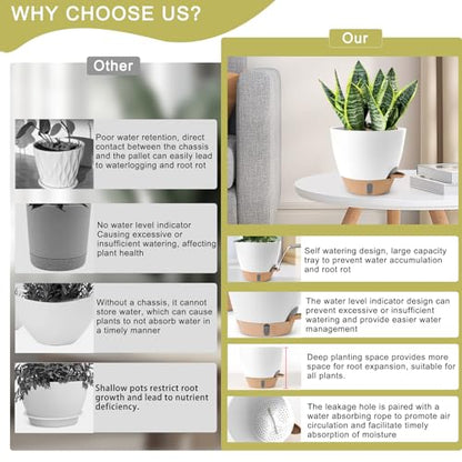Self Watering Pots for Indoor Plants 12/10/9/8 Inch Plastic with Reservoir - color: White
