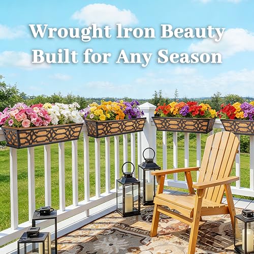 4 Pack 30 Inch Window Boxes Planters with Coco Liner, Large Metal Railing Planter Boxes for Deck, Heavy Duty Hanging Trough for Fence and Front Porch Garden Flower Display - size: 30 Inch