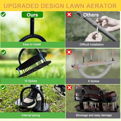 Aerator Lawn Tool, Manual Soil Aerating Lawn with 16 Iron Spikes, Lawn Aerators with Spring Automatic Dirt Clean & 3-Layer Anti-Loosening Design, Pre-Assembled Yard Grass Aerator for Lawn, Garden Tool