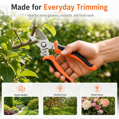 Labor-saving Pruning Shears, Carbon Steel Garden Pruner, Ergonomic Non Slip Hand Pruning Scissors with Safety Lock for Plant Stem Flower Shrub Orchard Home Gardening Trimming