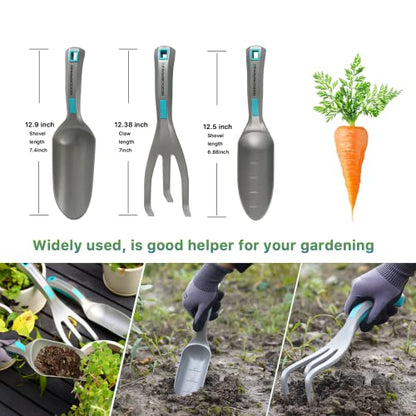 GOODSMANN Garden Tools Set, 3 Piece All One Piece Die-Cast Aluminum Gardening Kit, Hand Trowel, Marker Measurements Transplanter and Cultivator Garden Hand Shovel for Digging Weeding Planting