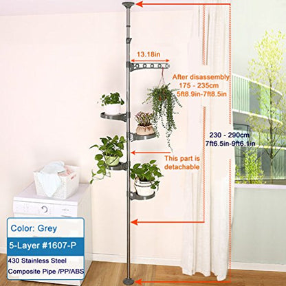 BAOYOUNI Plant Stand 5-Tier Tension Rod Pole Flower Holder Rack ，Grey - color: Grey, size: 1 x 5 Tier