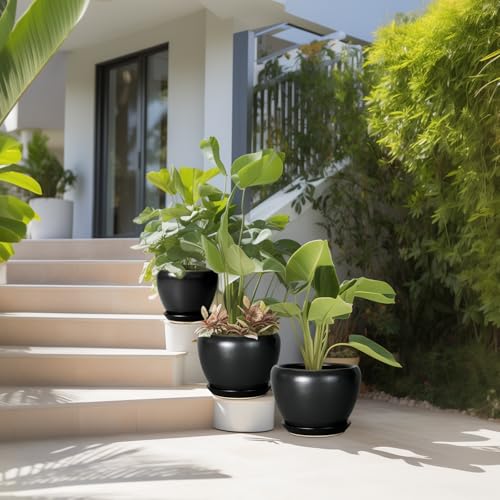 Ceramic Planters Pots - 10 Inch 8 Inch 6 Inch Plant Pots Indoor with Drainage Holes and Saucers Large Planters Mid-Century Flower Pots Outdoor Set of 3 Black - color: Black