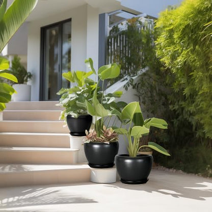Ceramic Planters Pots - 10 Inch 8 Inch 6 Inch Plant Pots Indoor with Drainage Holes and Saucers Large Planters Mid-Century Flower Pots Outdoor Set of 3 Black - color: Black