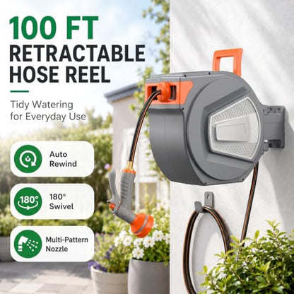 Retractable Garden Hose Reel, 100FT Wall Mounted Auto Rewind Water Hose Reel with 180° Swivel Bracket, Any Length Lock, Kink-Free Hose Guide, Multi-Pattern Spray Nozzle for Yard, Lawn & Outdoor - size: 100 FT