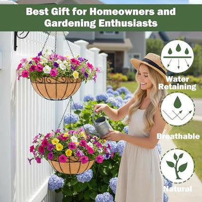 4 Pack 14 Inch Hanging Baskets for Plants Outdoor Metal Hanging Planter Basket with Coco Coir Liner Hanging Flower Pots Holder for Garden, Patio(Flower) - size: 14 Inch, style: English