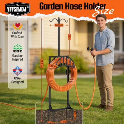Garden Hose Holder, Water Hose Stand for Outside with 4 Stake and 2 Shepherds Hooks, Freestanding Hose Storage Holds 150Ft, Heavy-Duty Metal Hose Hanger Rack for Yard, Lawn, Farm