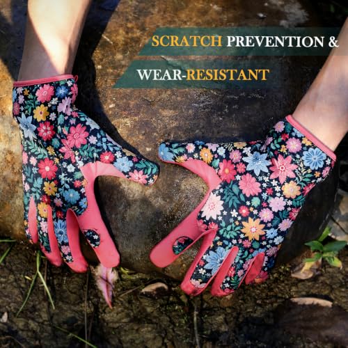 Gardening Gloves for Women, Breathable Leather Garden Gloves,Gardening Gift - color: Pink - Flower