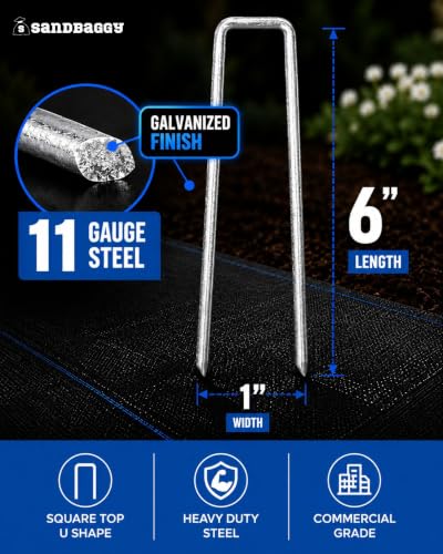 Sandbaggy 6 Inch Galvanized Landscape Staples, 1,000 Pack 11 Gauge Heavy Duty Steel Garden Staples, Square Top U Pins for Weed Barrier Fabric, Sod, Turf, Netting and Drip Irrigation Tubing