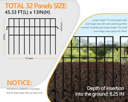 45.33ft(L) X 13in(H) Animal Barrier Fence No Dig, 32 Panels Rabbit Fences for Garden, Dog Digging Ground Defense Border Small Metal Fencing Under Barriers Blocker, Flower Bed, Patio - size: 32 Panels, 45.33 ft(L) X 13 in(H)