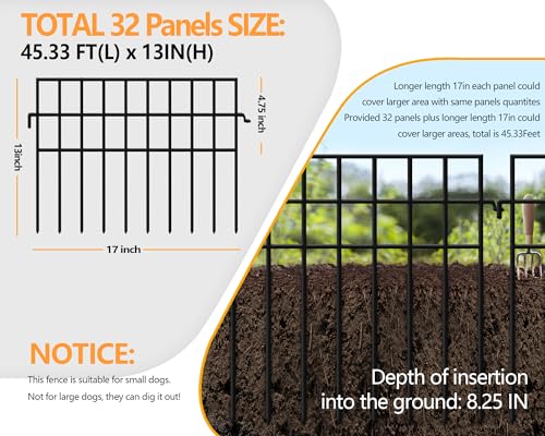 45.33ft(L) X 13in(H) Animal Barrier Fence No Dig, 32 Panels Rabbit Fences for Garden, Dog Digging Ground Defense Border Small Metal Fencing Under Barriers Blocker, Flower Bed, Patio - size: 32 Panels, 45.33 ft(L) X 13 in(H)