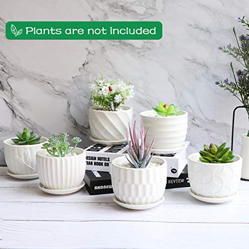 Flower Pots, 4 Inch Cylinder Ceramic Plant Pots with Connected Saucer, Mini Ceramic Planters for Succulent and Little Snake Plants (6 Pack, White)