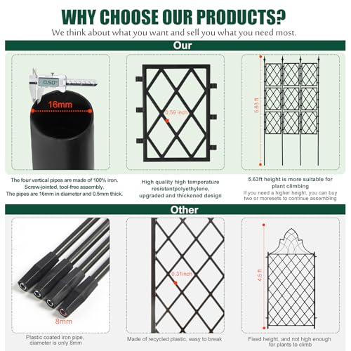 WellSign Garden Trellis for Climbing Plants Outdoor 63 Inch Iron Pipe - color: Black