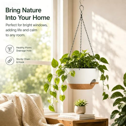 2 Pack 12 Inch Self‑Watering Hanging Planters Plant Pots, White‑Brown - color: White Brown