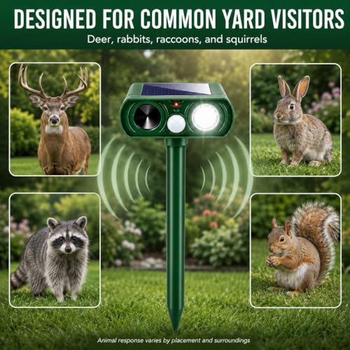 Solar Animal Repellent Outdoor Sonic Fortress Pro Deer Repellent Devices,Waterproof Ultrasonic Deterrent with Motion Activated & Light for Cat Raccoon Rabbit Fox Deterrent for Chicken Coop Yard,2 Pack