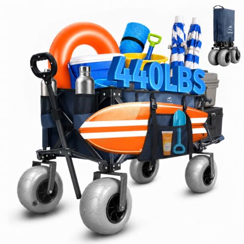 Beach Wagon with Extended Tailgate, 9" Big Sand-Proof Balloon Wheels, Heavy Duty 200L Oversized Foldable Beach Cart, 440LBS Utility Wagon with Side Pocket for Sand,Camping,Vacation - color: Blue