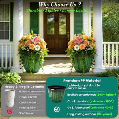 Autodaya 15" Large Planters For Outdoor Plants Set Of 2 Plastic Flower Pots - color: 15"-gradient Emerald Green With Black Rim