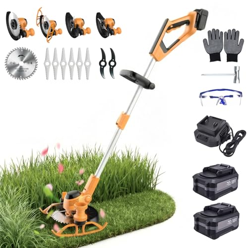 Cordless 3-in-1 Weed Wacker with Wheels, String Trimmer Edger Lawn Mower Brush Cutter, Telescopic Foldable Design, 2x4000mAh Battery Power Display, Adjustable Height for Efficient Lawn Care