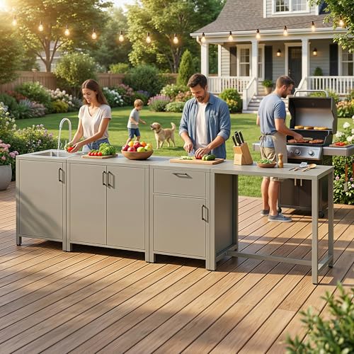 Wisteria Lane Aluminum Outdoor Kitchen Island, Modular Outdoor Kitchen with Stainless Steel Sink, All Weather Outdoor Storage Cabinet with Storage, Drawers & Bar Table for Patio, BBQ, Porch, Backyard - size: 4-Piece Set