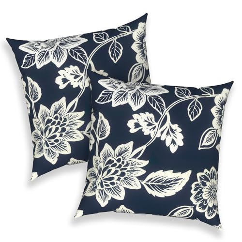 Outdoor 16x16 Inch Throw Pillow Covers Set of 2, Covers ONLY, All Weather Square Pillow Cases, Patio Cushion Pillow of Home Furniture Use, Elegant Vines Navy - color: Elegant Vines Navy, size: 16" x 16" (Pack of 2)