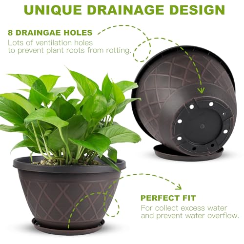 4 Pack 10 Inch Plant Pot, Planter Pots with Drainage Holes & Saucers - color: Plaid Pattern-brown, size: 10 Inch - 4Pack