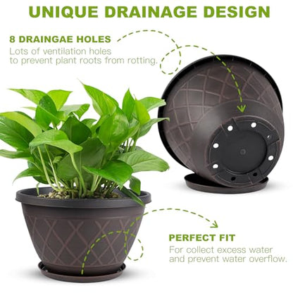 4 Pack 10 Inch Plant Pot, Planter Pots with Drainage Holes & Saucers - color: Plaid Pattern-brown, size: 10 Inch - 4Pack