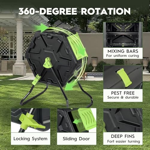 21 Gallon Compost Tumbler Outdoor - Small Rotating Composting Bin with Single Chamber & Steel Frame - BPA-Free Compact Garden Waste Bin for Kitchen Scraps & Yard Manure - Quick 5-Minute Assembly - size: 21 Gallon