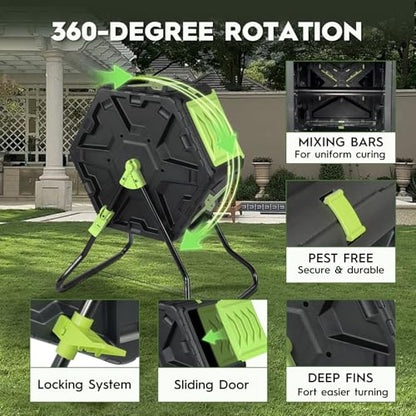 21 Gallon Compost Tumbler Outdoor - Small Rotating Composting Bin with Single Chamber & Steel Frame - BPA-Free Compact Garden Waste Bin for Kitchen Scraps & Yard Manure - Quick 5-Minute Assembly - size: 21 Gallon