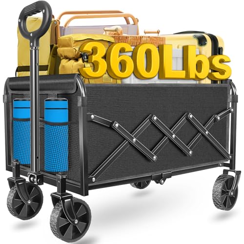 Collapsible Wagon Cart with Wheels, Compact 360 lb Folding Cart,Pitch Black - color: Pitch Black