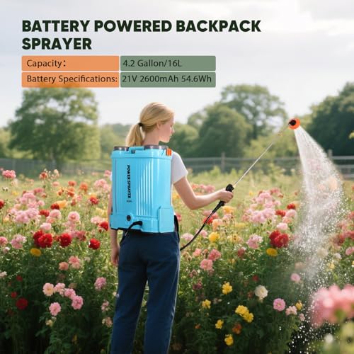 4.2 Gallon Battery Powered Backpack Sprayer, 21V Powerful Electric Sprayers in Lawn and Garden, 41" Telescopic Wand Battery Powered Sprayer, 80PSI Adjustable Pressure Yard Sprayer with 8 Nozzles