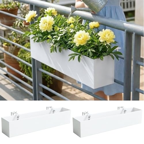 LaLaGreen Planter Boxes Outdoor (24 Inch, 2 Pack) White Metal Rectangular Railing Flower Box with Brackets, Deck Railings Planters Fence Balcony Patio Porch Plant Holder Modern Garden Decor Over Rail - size: 24" x 2 Pack