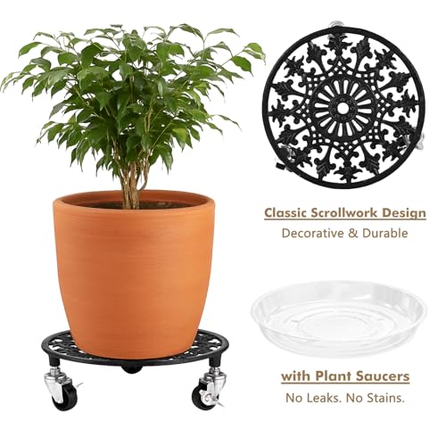 1 Pack Plant Caddy with Wheels 14 Inch Rolling Plant Stand for Large Plants Heavy Duty Plant Rollers Metal Plant Dolly Rustproof Planter Stand Wrought Iron Plant Stands Flower Cart Indoor Outdoor - size: 14 inches
