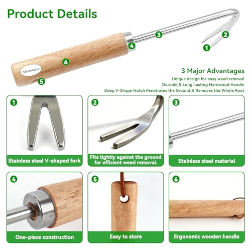 4PCS Garden Weeding Tool Set, Hand Weeder Tools with Wooden Handles, Double Claw Root Hook, V-Shape Weed Puller, Crack Weeder & Stainless Steel Garden Trowel for Digging, Planting & Weed Removal